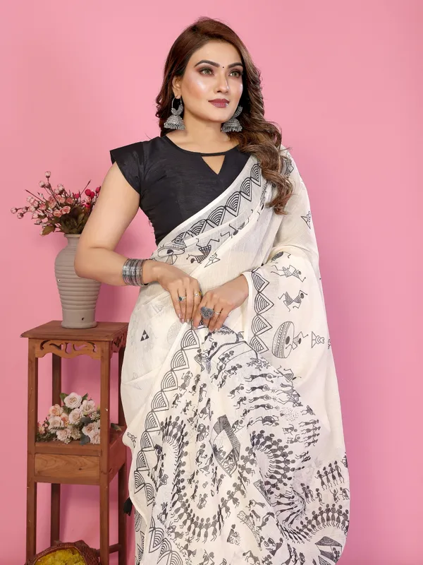 Off_White_Cotton_Warli_Print_Saree_For_Women