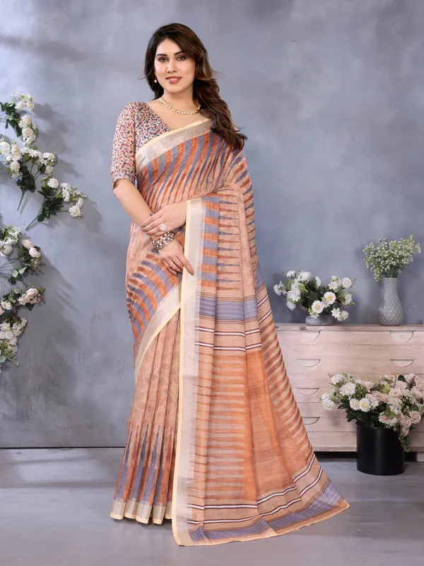 Peach_Woven_Striped_Saree_For_Women