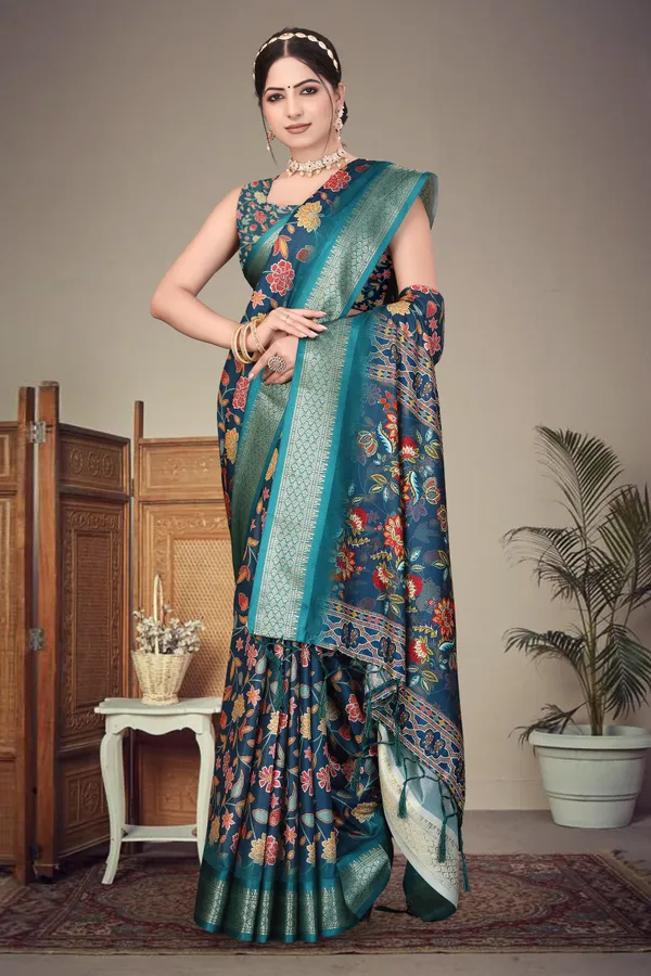 Teal_Floral_Print_Saree_For_Women