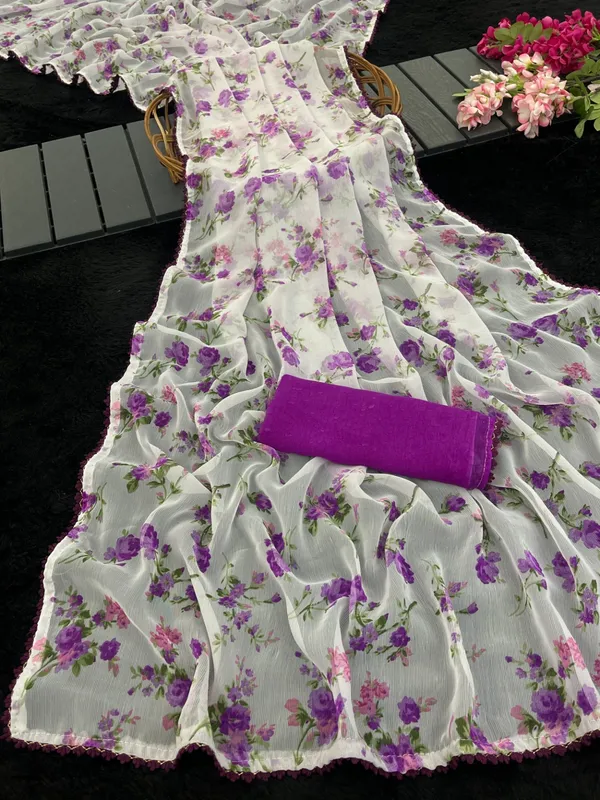 White_Floral_Print_Saree_For_Women