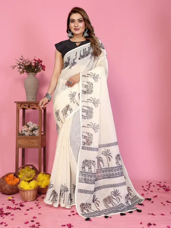 White_Printed_Saree_For_Women