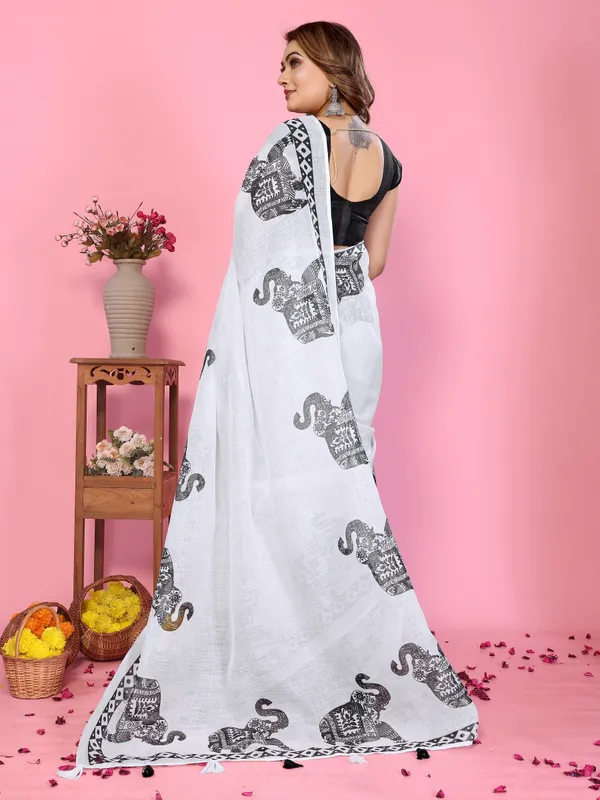 White_Elephant_Print_Saree_For_Women