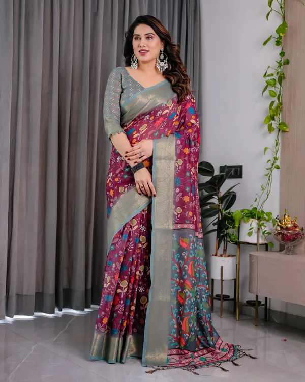 Maroon_Grey_Floral_Print_Saree_For_Women