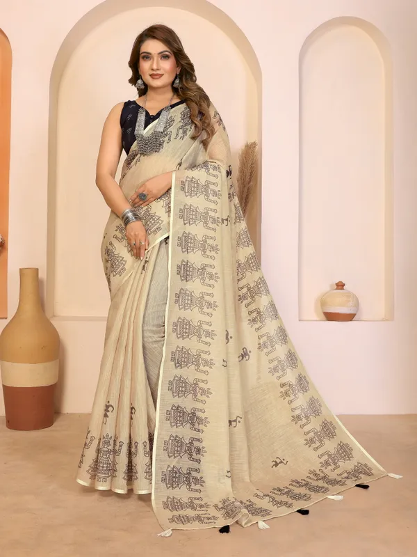 Beige_Printed_Ethnic_Saree_For_Women