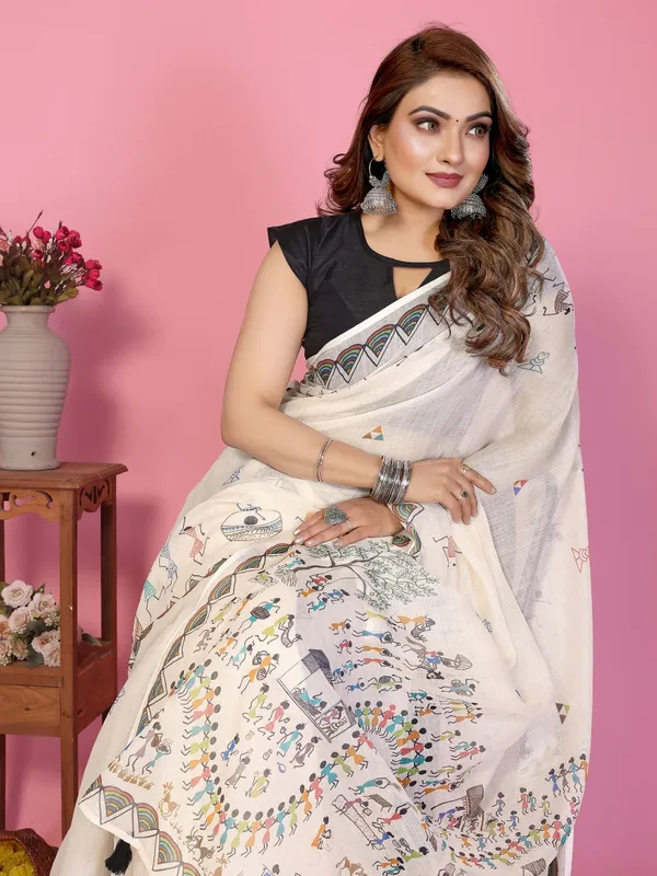 Cream_Cotton_Madhubani_Print_Saree_For_Women