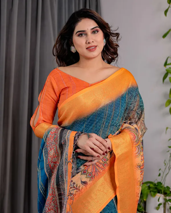 Blue_And_Orange_Printed_Saree_For_Women