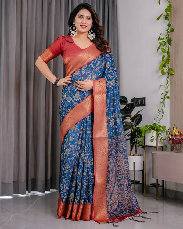 Rust_Blue_Floral_Print_Saree_For_Women