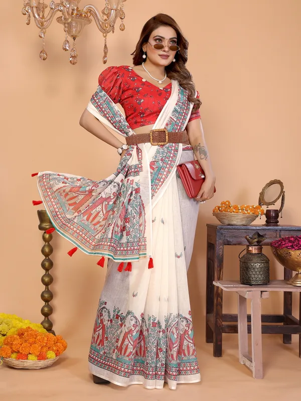 Red_Printed_Saree_Set_With_Blouse_For_Women