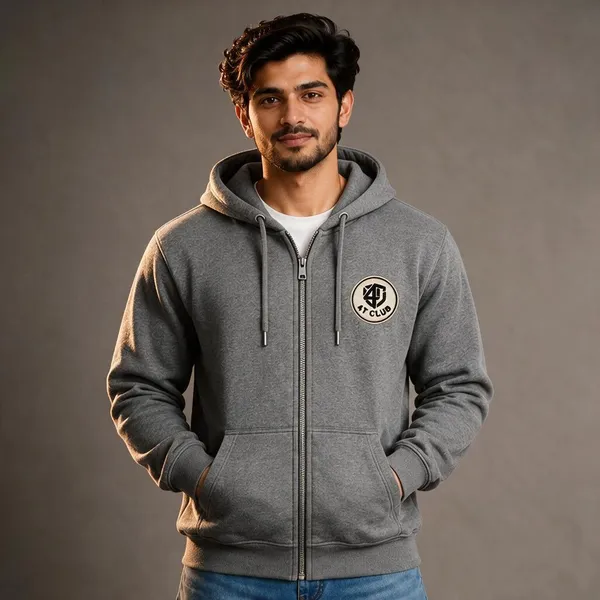 Grey_Polycotton_Regular_Fit_Zip_Hoodie_For_Men