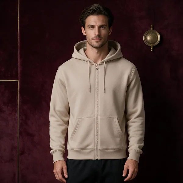 Beige_Cotton_Fleece_Full-Zip_Hoodie_For_Men