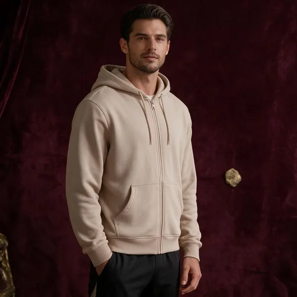 Beige_Cotton_Fleece_Full-Zip_Hoodie_For_Men