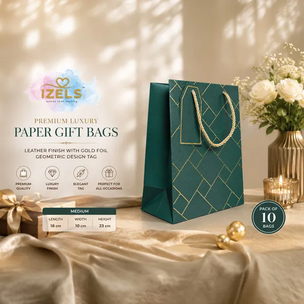 Izels_Premium_Luxury_Paper_Gift_Bags_Dark_Green_Green_Pack_Of_10