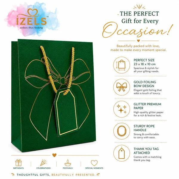 Izels_Premium_Glitter_Paper_Gift_Bag_23x18x10_Cm_For_Festive_Gifting_Return_Gifts_Luxury_Packaging_Green_Pack_Of_5