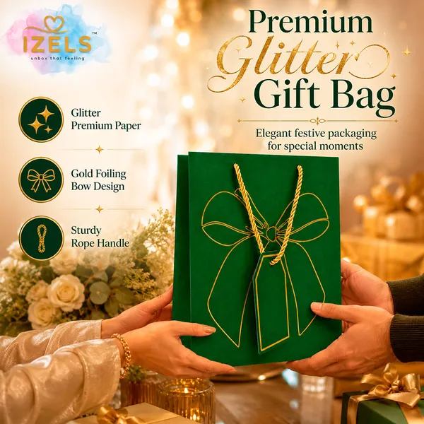 Izels_Premium_Glitter_Paper_Gift_Bag_23x18x10_Cm_For_Festive_Gifting_Return_Gifts_Luxury_Packaging_Green_Pack_Of_5