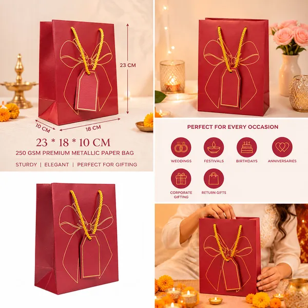 Premium_Red_Metallic_Gift_Bag_23_18_10_Cm_With_Gold_Foiling_Bow_Design_Rope_Handle_Gift_Tag_Luxury_Paper_Gift_Bag_For_Birthday_Wedding_Anniversary_Festive_Corporate_Gifting_Pack_Of_10