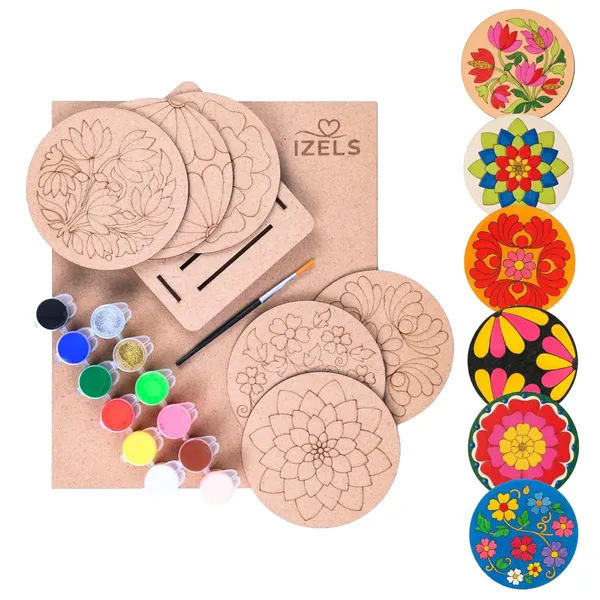 Izels_Diy_Coaster_Mandala_Art_Painting_Kit_Set_Of_6_Pre_Marked_4_4_Inch_Mdf_Coasters_3mm_With_Stand_12_Non_Toxic_Acrylic_Colours_Brush_Art_Craft_Kit_For_Kids_Adults_Home_Decor_Birthday_Return_Gift_Mandala_Art