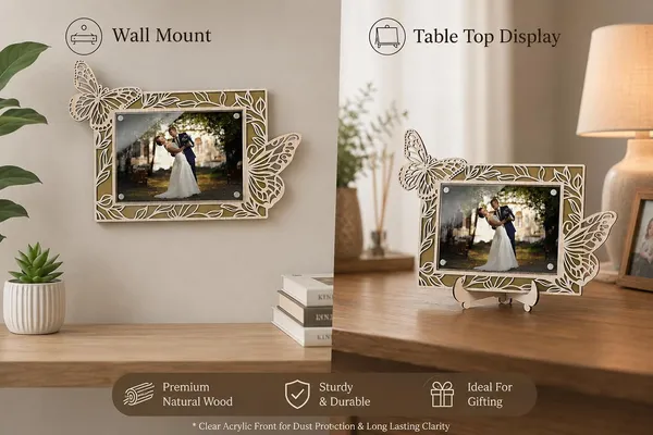 Rectangle_Photo_Frame_Wooden_Decorative_Picture_Frame_With_Butterfly_Laser_Cut_Border_Clear_Acrylic_Front_Wall_Tabletop_Display_Premium_Home_Decor_Gift_22x16_Cms