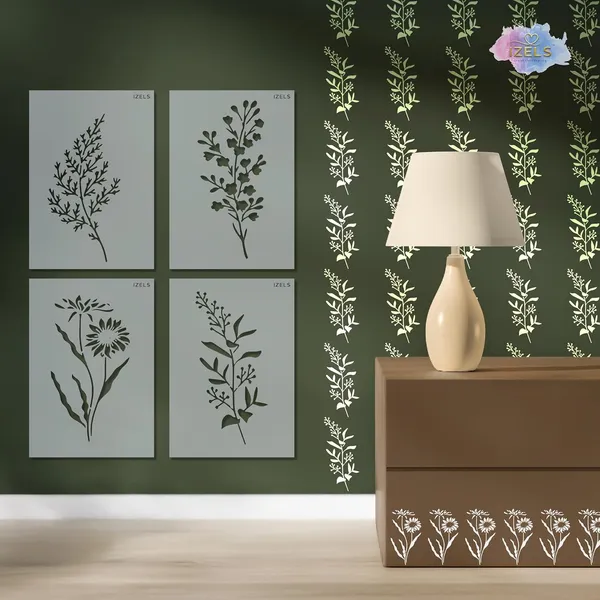 Premium_Mylar_Wild_Flower_A5_Stencil_Set_For_Painting_Pack_Of_4_Reusable_Botanical_Flower_Templates_For_Walls_Furniture_Canvas_Wood_Fabric_Diy_Art_Home_Decor_Craft_Stencils_Made_In_India