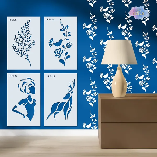 Stencils_For_Painting_Pack_Of_4_Reusable_Mylar_Stencils_With_Bird_Deer_Floral_Abstract_Woman_Designs_5x8_Inch_For_Wall_Fabric_Diy_Crafts