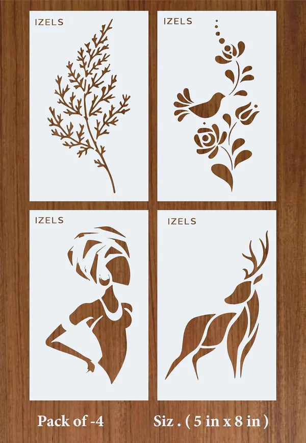 Stencils_For_Painting_Pack_Of_4_Reusable_Mylar_Stencils_With_Bird_Deer_Floral_Abstract_Woman_Designs_5x8_Inch_For_Wall_Fabric_Diy_Crafts