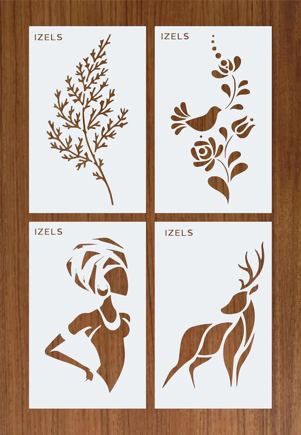 Stencils_For_Painting_Pack_Of_4_Reusable_Mylar_Stencils_With_Bird_Deer_Floral_Abstract_Woman_Designs_5x8_Inch_For_Wall_Fabric_Diy_Crafts