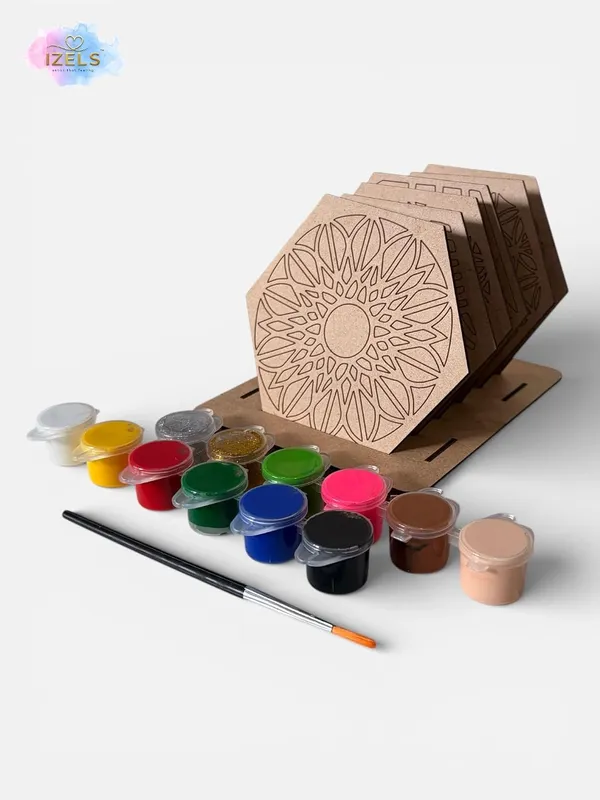 Izels_Diy_Coaster_Mandala_Art_Painting_Kit_Set_Of_6_Pre_Marked_4_4_Inch_Mdf_Coasters_3mm_With_Stand_12_Non_Toxic_Acrylic_Colours_Brush_Art_Craft_Kit_For_Kids_Adults_Home_Decor_Birthday_Return_Gift_Hexagonal_Mandala