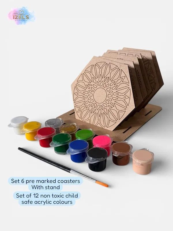 Izels_Diy_Coaster_Mandala_Art_Painting_Kit_Set_Of_6_Pre_Marked_4_4_Inch_Mdf_Coasters_3mm_With_Stand_12_Non_Toxic_Acrylic_Colours_Brush_Art_Craft_Kit_For_Kids_Adults_Home_Decor_Birthday_Return_Gift_Hexagonal_Mandala