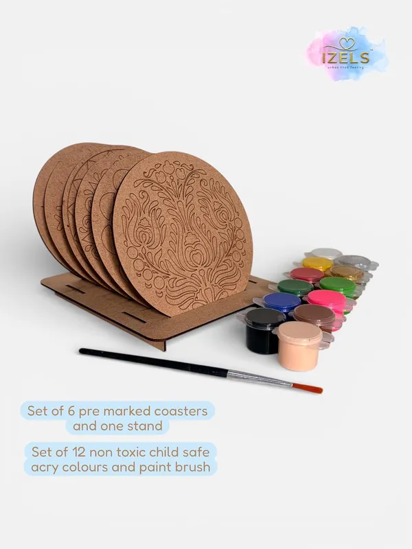 Izels_3_In_1_Premium_Tea_Coaster_Painting_Kit_For_Kids_Diy_Mandala_Madhubani_Pichwai_Art_Non_Toxic_Diy_Art_Craft_Kit_With_Brush_Stand_For_3_Years_Painting_Kit_For_Girls_Boys_Birthday_Gift