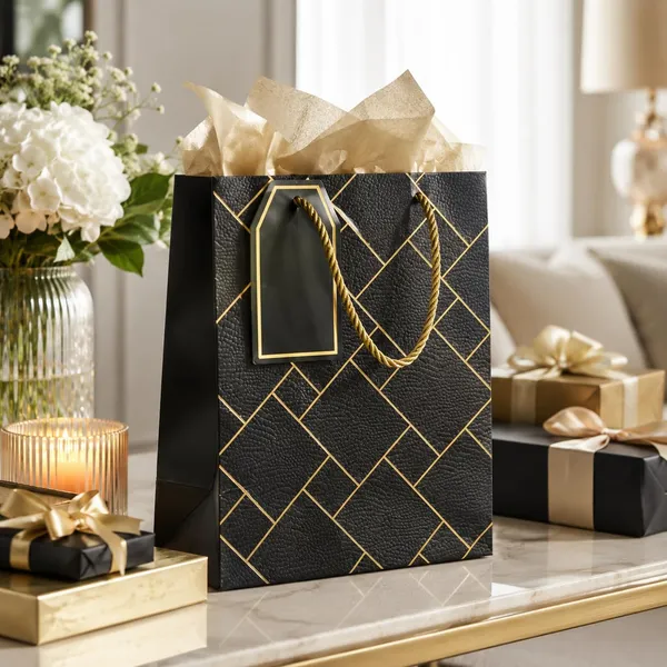 Izels_Premium_Luxury_Paper_Gift_Bags_Pack_Of_10_Leather_Finish_With_Gold_Foil_Geometric_Design_Thick_220_Gsm_Paper_Rope_Handles_Thank_You_Tag_Small_18x10x23_Cms_Black
