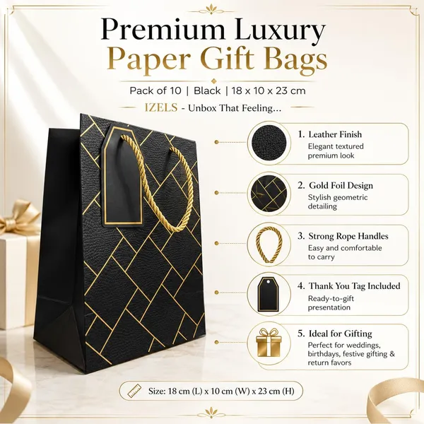 Izels_Premium_Luxury_Paper_Gift_Bags_Pack_Of_10_Leather_Finish_With_Gold_Foil_Geometric_Design_Thick_220_Gsm_Paper_Rope_Handles_Thank_You_Tag_Small_18x10x23_Cms_Black