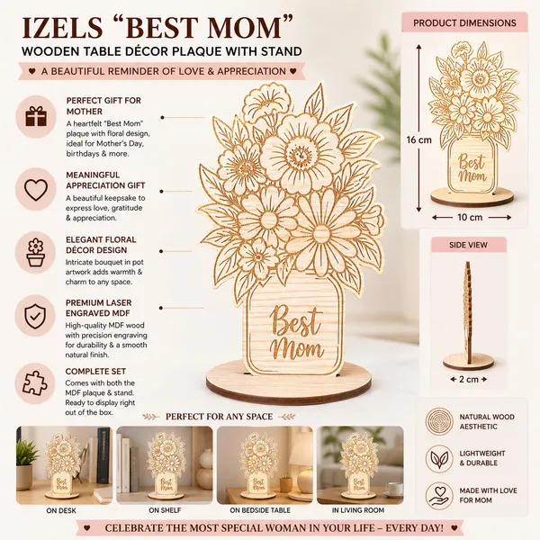 Izels_Best_Mom_Gift_For_Mother_Wooden_Table_Decor_Plaque_With_Stand_Floral_Bouquet_Mdf_Showpiece_Birthday_Appreciation_Present_For_Mother_Women_Grandmother_From_Daughter_Or_Son_Best_Mom_Decor_2