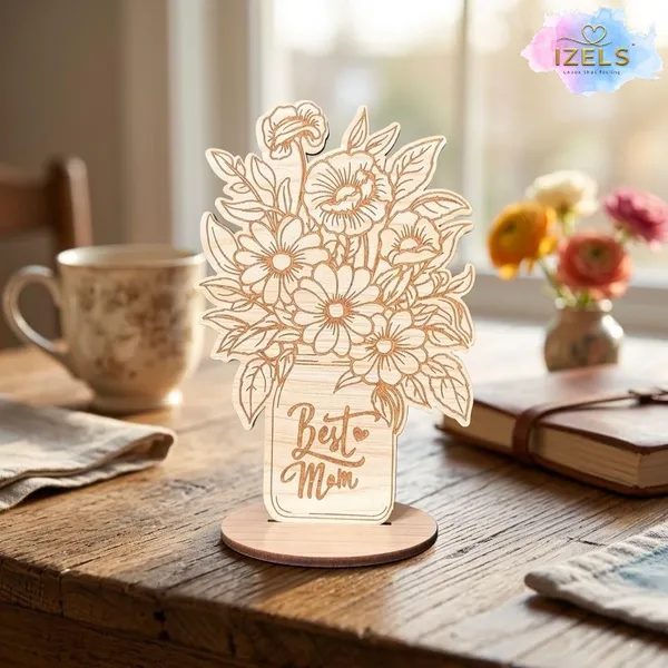 Izels_Best_Mom_Gift_For_Mother_Wooden_Table_Decor_Plaque_With_Stand_Floral_Bouquet_Mdf_Showpiece_Birthday_Appreciation_Present_For_Mother_Women_Grandmother_From_Daughter_Or_Son_Best_Mom_Decor_1