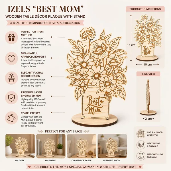 Izels_Best_Mom_Gift_For_Mother_Wooden_Table_Decor_Plaque_With_Stand_Floral_Bouquet_Mdf_Showpiece_Birthday_Appreciation_Present_For_Mother_Women_Grandmother_From_Daughter_Or_Son_Best_Mom_Decor_1