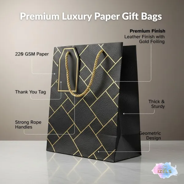 Izels_Premium_Luxury_Paper_Gift_Bags_Pack_Of_5_Leather_Finish_With_Gold_Foil_Geometric_Design_Thick_220_Gsm_Paper_Rope_Handles_Thank_You_Tag_Small_18x10x23_Cms_Black
