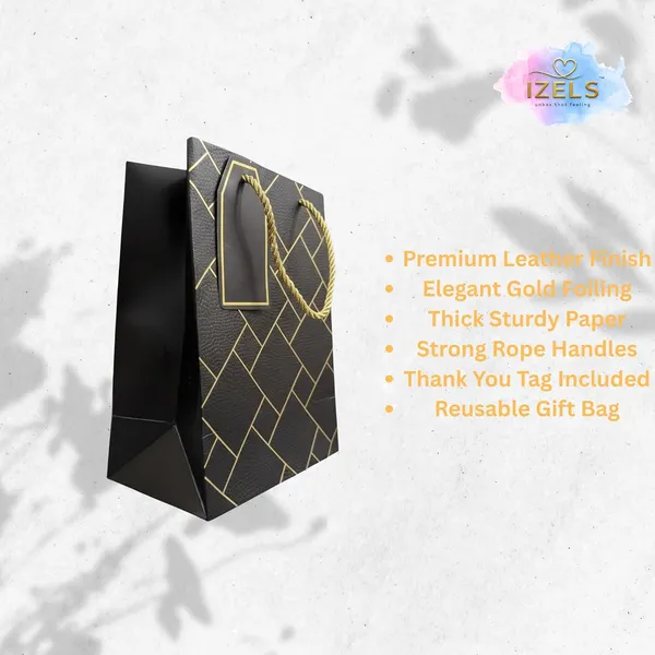 Izels_Premium_Luxury_Paper_Gift_Bags_Pack_Of_5_Leather_Finish_With_Gold_Foil_Geometric_Design_Thick_220_Gsm_Paper_Rope_Handles_Thank_You_Tag_Small_18x10x23_Cms_Black