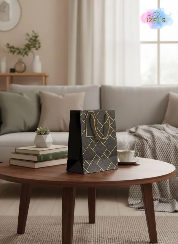 Izels_Premium_Luxury_Paper_Gift_Bags_Pack_Of_5_Leather_Finish_With_Gold_Foil_Geometric_Design_Thick_220_Gsm_Paper_Rope_Handles_Thank_You_Tag_Small_18x10x23_Cms_Black