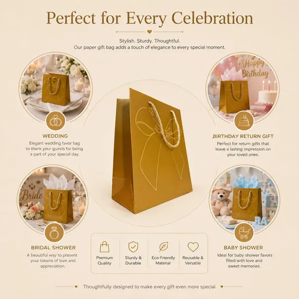 Izels_Premium_Golden_Metallic_Paper_Gift_Bag_Small_Luxury_Gift_Bag_With_Gold_Foiling_Bow_Design_Name_Tag_23x18x10_Cm_Paper_Bag_For_Wedding_Birthday_Return_Gifts_Festive_Corporate_Gifting_Pack_Of_10