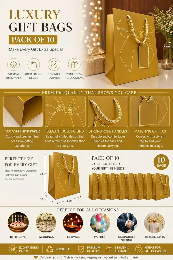Izels_Premium_Golden_Metallic_Paper_Gift_Bag_Small_Luxury_Gift_Bag_With_Gold_Foiling_Bow_Design_Name_Tag_23x18x10_Cm_Paper_Bag_For_Wedding_Birthday_Return_Gifts_Festive_Corporate_Gifting_Pack_Of_10