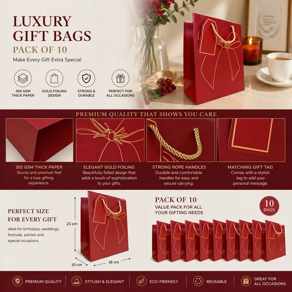 Izels_Premium_Luxury_Paper_Bow_Gift_Bags_Pack_Of_10_Leather_Finish_With_Gold_Foil_Geometric_Design_Thick_220_Gsm_Paper_Rope_Handles_Thank_You_Tag_Small_Deep_Red_Pack_Of_10