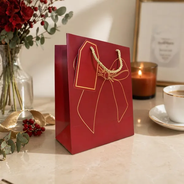 Izels_Premium_Luxury_Paper_Bow_Gift_Bags_Pack_Of_10_Leather_Finish_With_Gold_Foil_Geometric_Design_Thick_220_Gsm_Paper_Rope_Handles_Thank_You_Tag_Small_Deep_Red_Pack_Of_10