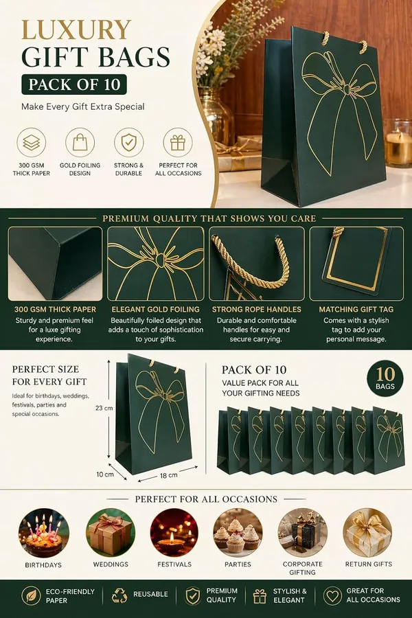 Izels_Premium_Luxury_Paper_Bow_Gift_Bags_Pack_Of_10_Leather_Finish_With_Gold_Foil_Geometric_Design_Thick_220_Gsm_Paper_Rope_Handles_Thank_You_Tag_Small_Dark_Green_Pack_Of_10