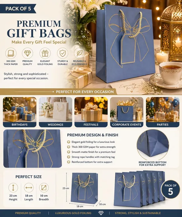 Izels_Premium_Metallic_Paper_Gift_Bags_Pack_Of_10_5_Blue_5_Red_Small_Luxury_Gift_Bags_With_Gold_Foiling_Bow_Design_Name_Tag_23x18x10_Cm_Paper_Bags_For_Wedding_Birthday_Return_Gifts_Festive_Gifting