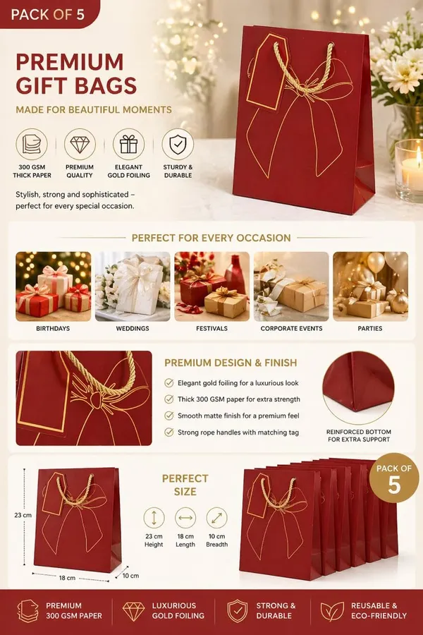 Izels_Premium_Metallic_Paper_Gift_Bags_Pack_Of_10_5_Blue_5_Red_Small_Luxury_Gift_Bags_With_Gold_Foiling_Bow_Design_Name_Tag_23x18x10_Cm_Paper_Bags_For_Wedding_Birthday_Return_Gifts_Festive_Gifting