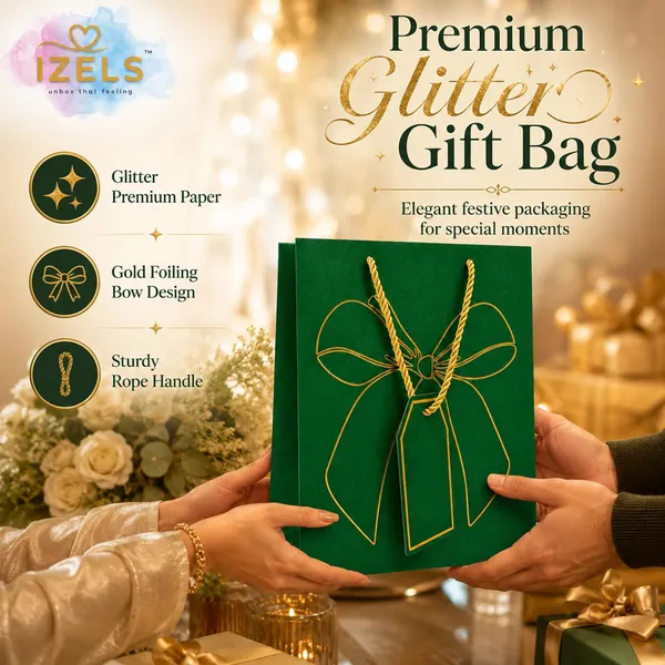 Izels_Glitter_Paper_Gift_Bag_With_Gold_Foiling_23x18x10_Cm_Green_10_Pack