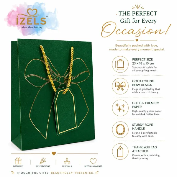 Izels_Glitter_Paper_Gift_Bag_With_Gold_Foiling_23x18x10_Cm_Green_5_Pack