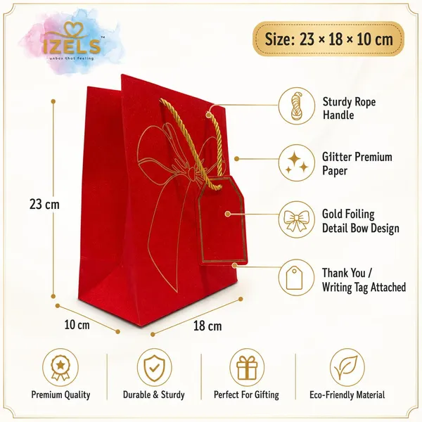 Izels_Glitter_Paper_Gift_Bag_With_Gold_Foiling_23x18x10_Cm_Red_10_Pack