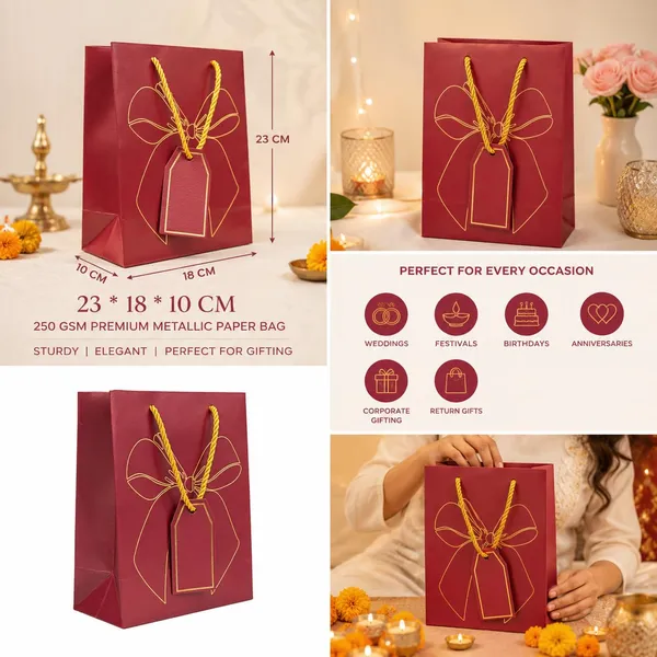 Izels_Metallic_Gift_Bag_With_Gold_Foiling_Bow_23x18x10_Cm_Red_10_Pieces