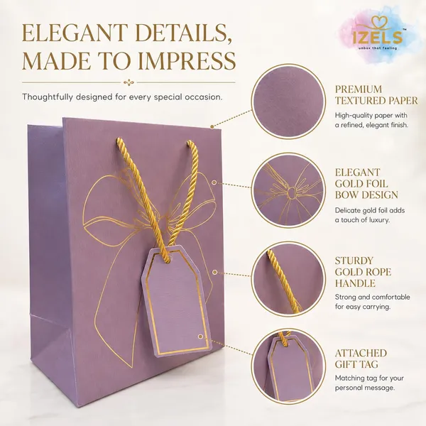 Izels_Metallic_Gift_Bag_With_Gold_Foiling_Bow_23x18x10_Cm_Lavender_10_Pieces