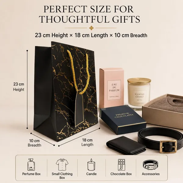 Izels_Metallic_Paper_Gift_Bag_With_Gold_Foiling_23x18x10_Cm_Black_10_Pcs