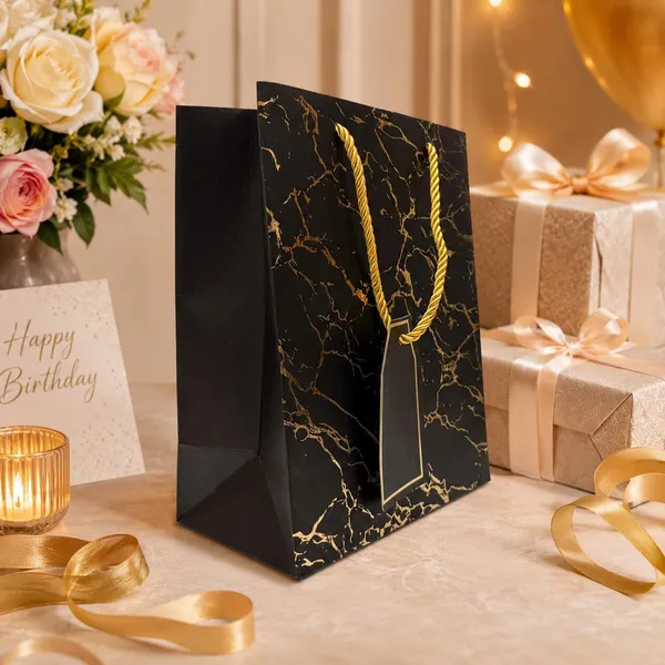 Izels_Metallic_Paper_Gift_Bag_With_Gold_Foiling_23x18x10_Cm_Black_10_Pcs